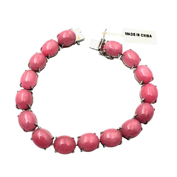 Sterling Silver Pink Jade Gemstone Tennis Bracelet 34 Grams 8 Inch - Picture 1 of 3